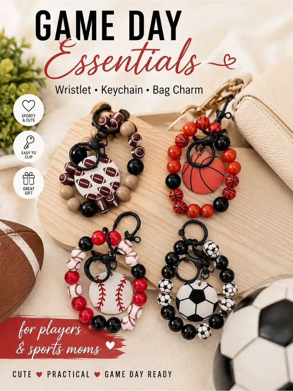 Sports Beaded Wristlet Keychain Bag Charm Soccer, baseball, basketball, football